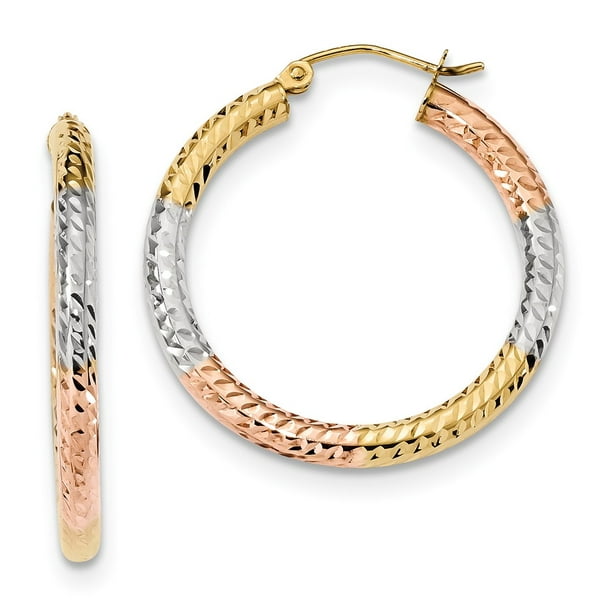 FB Jewels Solid 14K & Rhodium Diamond-Cut & Satin Hoop Earrings 